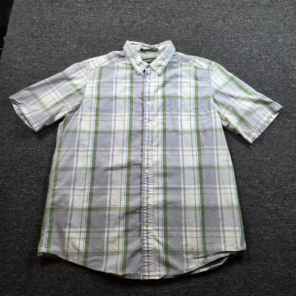 Eddie Bauer Button Down Shirt Mens‎ XLT Tall Legend Wash Plaid Green Blue Casual